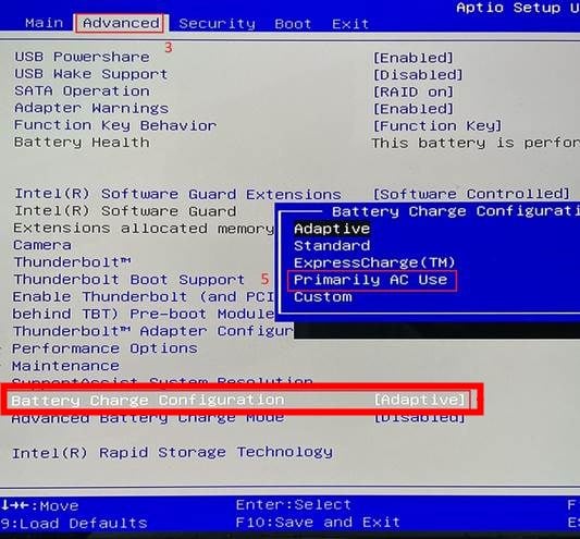 Параметры конфигурации зарядки батареи в BIOS