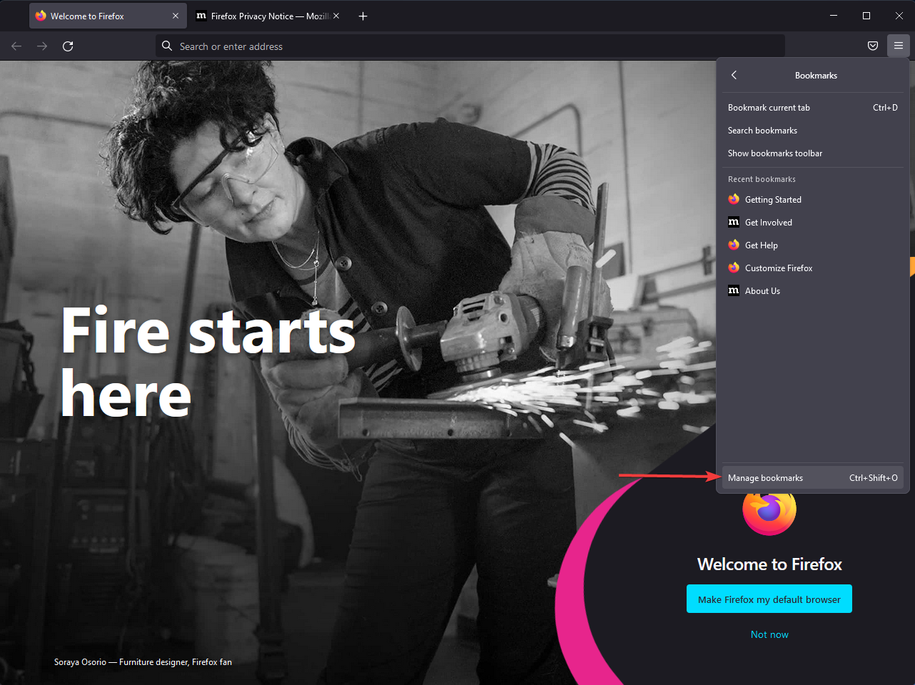 Переход в управление закладками в Firefox