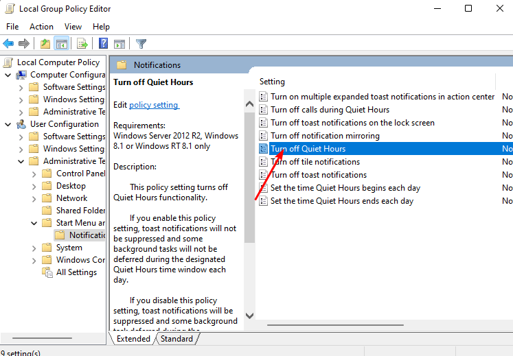 Параметр редактора групповой политики для отключения тихих часов