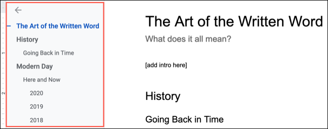 Панель Оглавления слева от документа в Google Docs