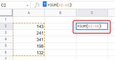 Функция SUM в ячейке C2