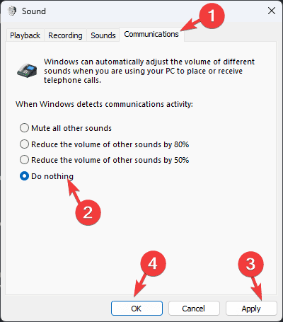 Вкладка Связь в окне настроек звука Windows