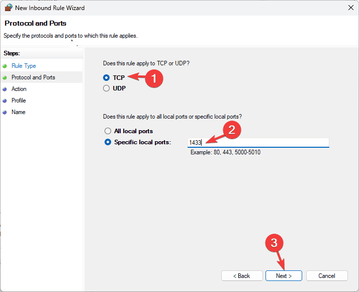 Выбор TCP и указание порта 1433