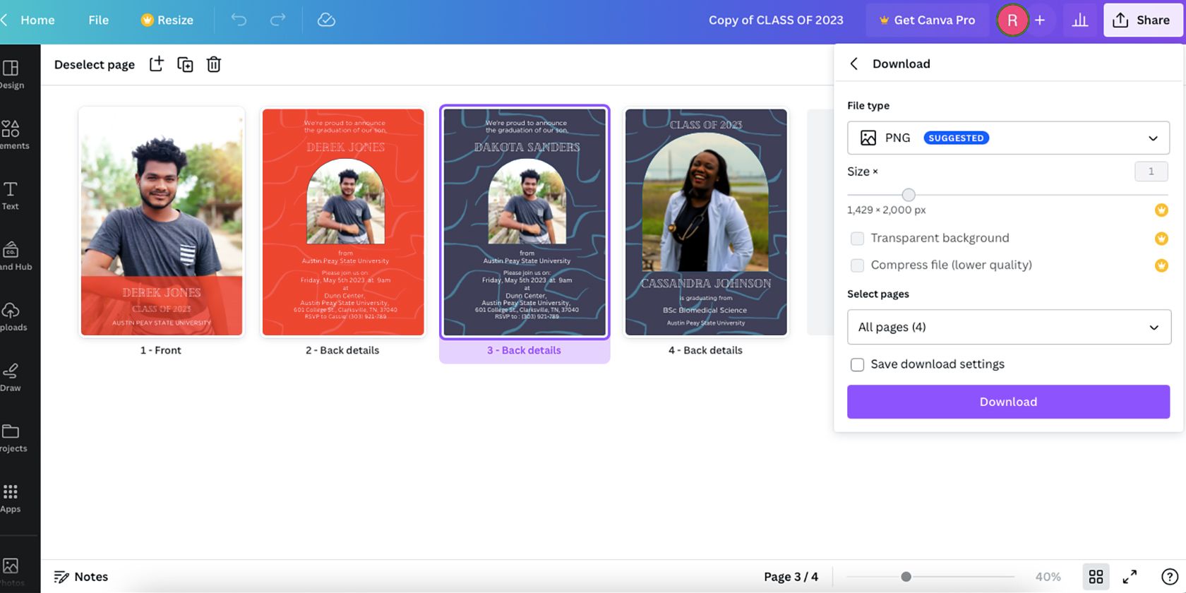 Canva template design save options.