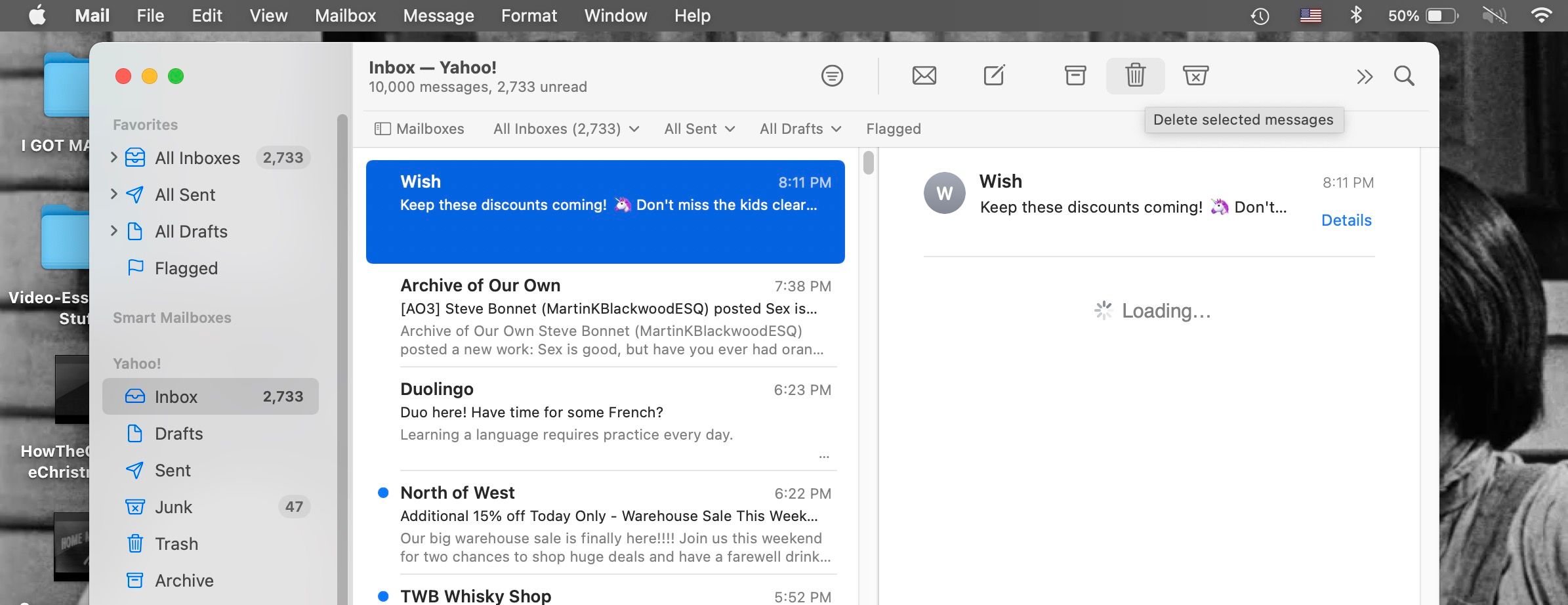 Иконка удаления подсвечена в Почте на Mac