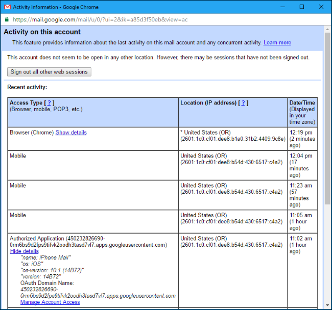 Подробная информация о сеансах Gmail с IP и типом устройства