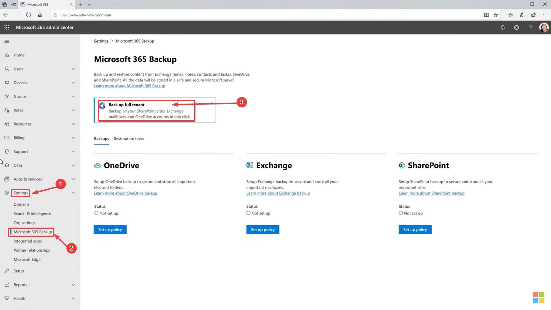Окно резервного копирования Microsoft 365 с кнопкой полного резервного копирования