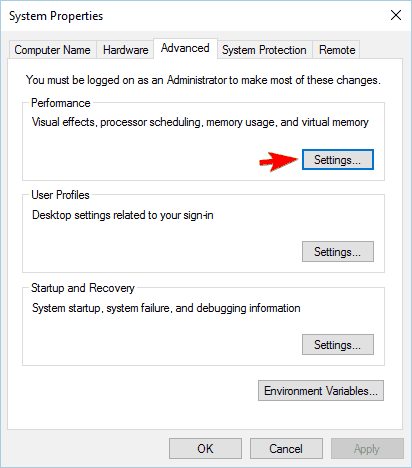 Окно параметры быстродействия системы