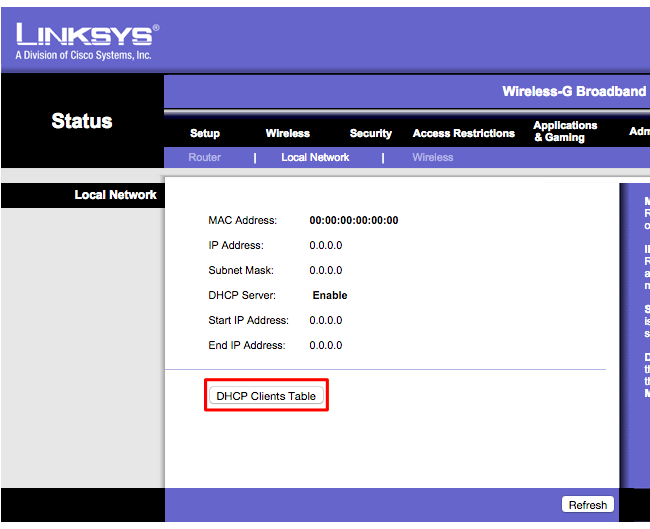 DHCP Clients Table в роутере Linksys.