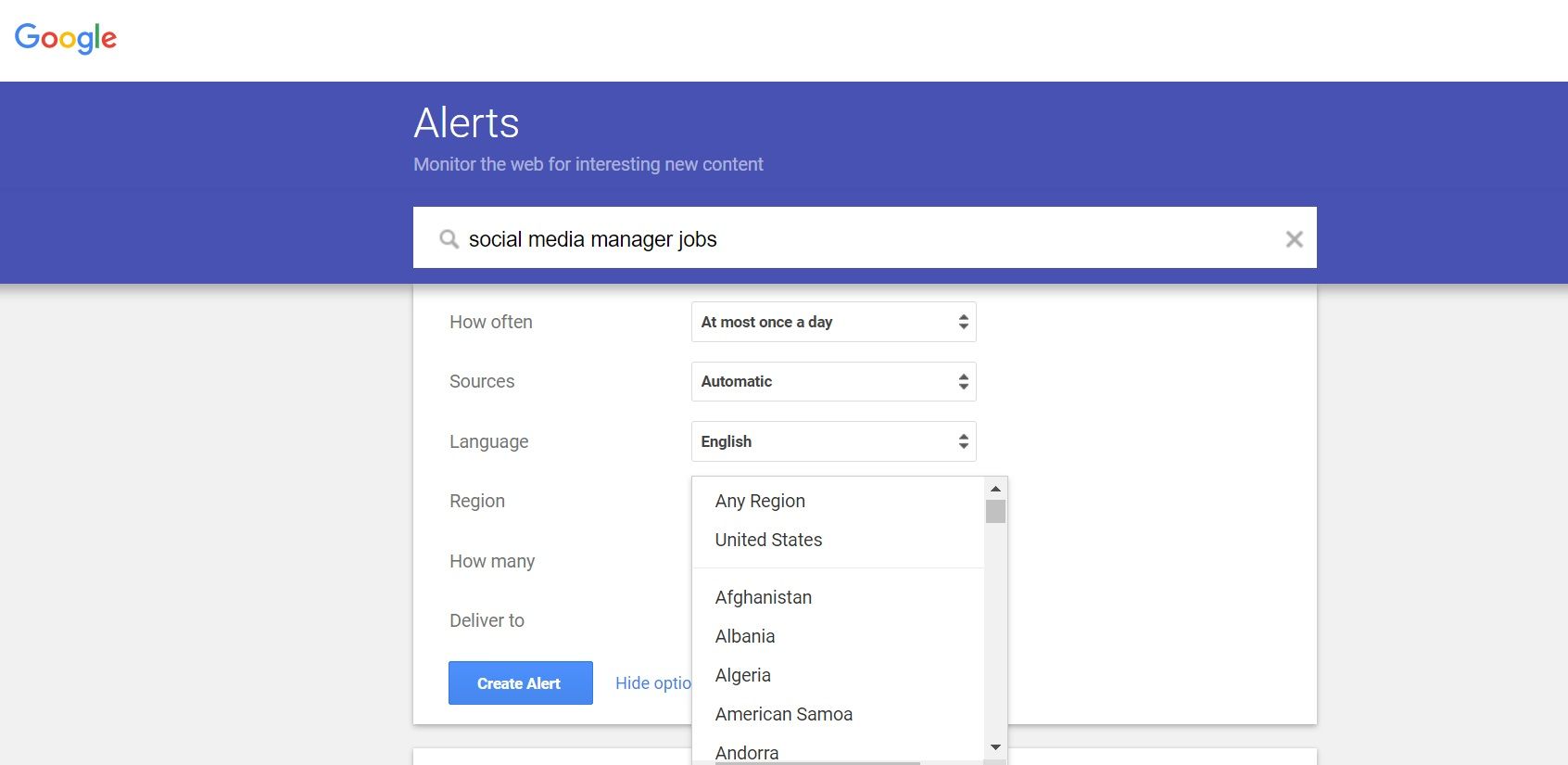 Выбор региона в Google Alerts