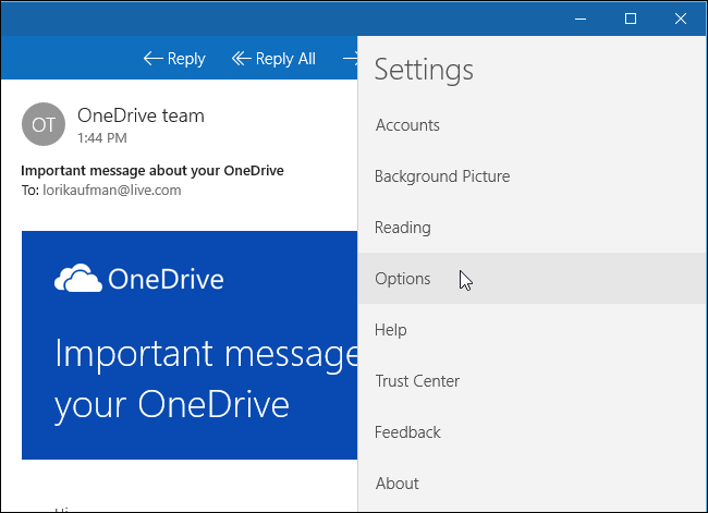 Opções no painel de configurações do Mail