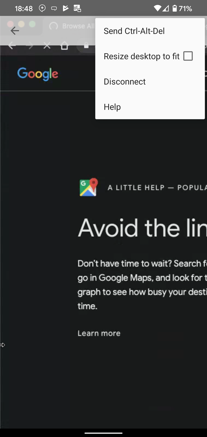 Меню мобильного приложения Chrome Remote Desktop