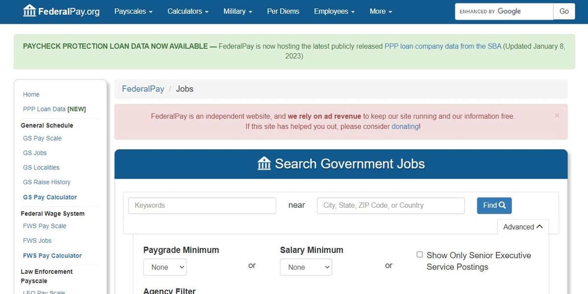 Главная страница поиска вакансий FederalPay.org.