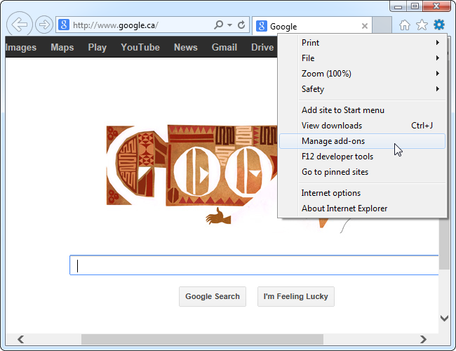 Открыть Управление надстройками в Internet Explorer