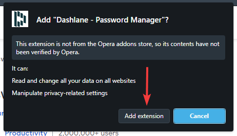 Подтверждение добавления расширения Dashlane в Opera