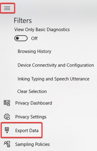 Экспорт диагностических данных через меню приложения просмотра