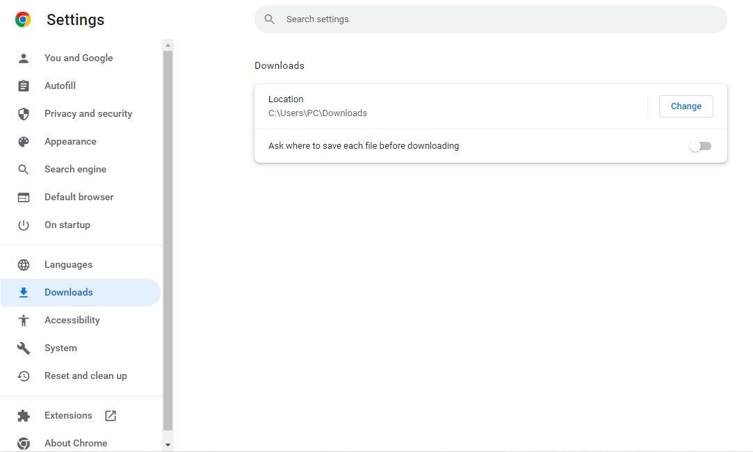 Download Location Settings in Google Chrome