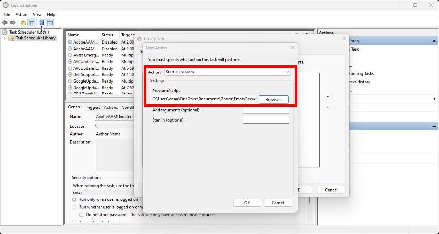 Скриншот: выбор .bat файла в действиях