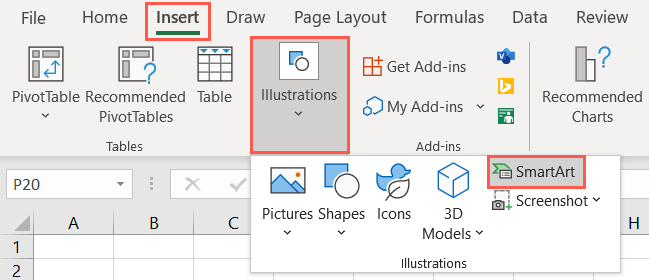 Пункт SmartArt в меню Вставка Excel