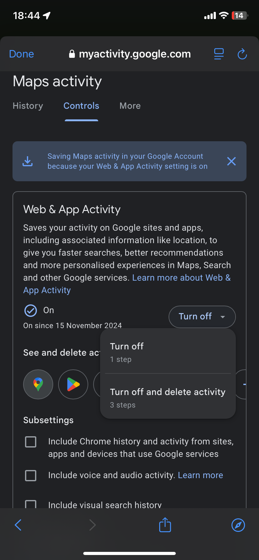 Опция отключить и удалить активность для Google Maps