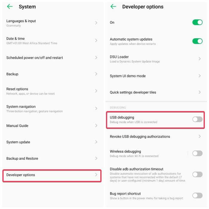 Capture écran montrant l’option Débogage USB dans les options développeur