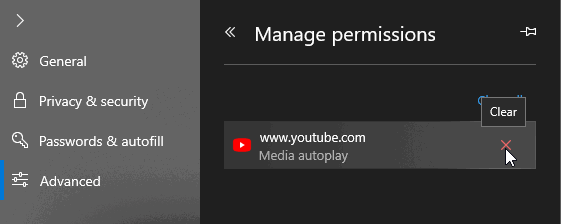 Скриншот управления разрешениями сайтов в Edge