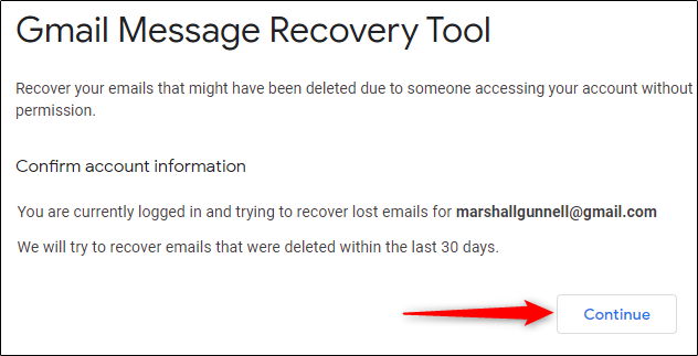 Страница подтверждения учётной записи в инструменте восстановления
