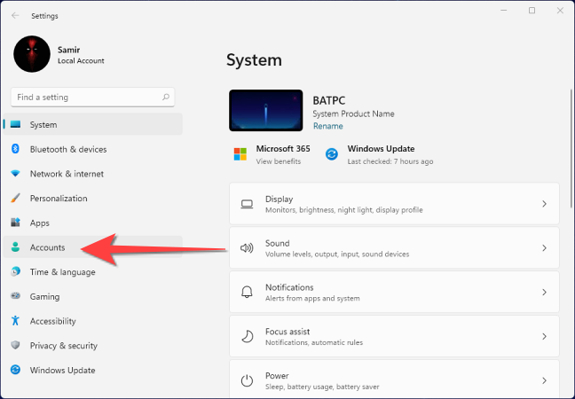 Раздел «Учётные записи» в приложении Параметры Windows.