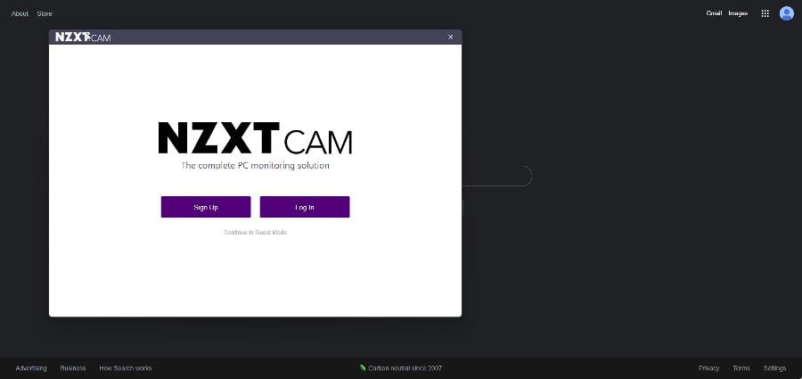 Окно входа NZXT CAM с опцией гостевого режима