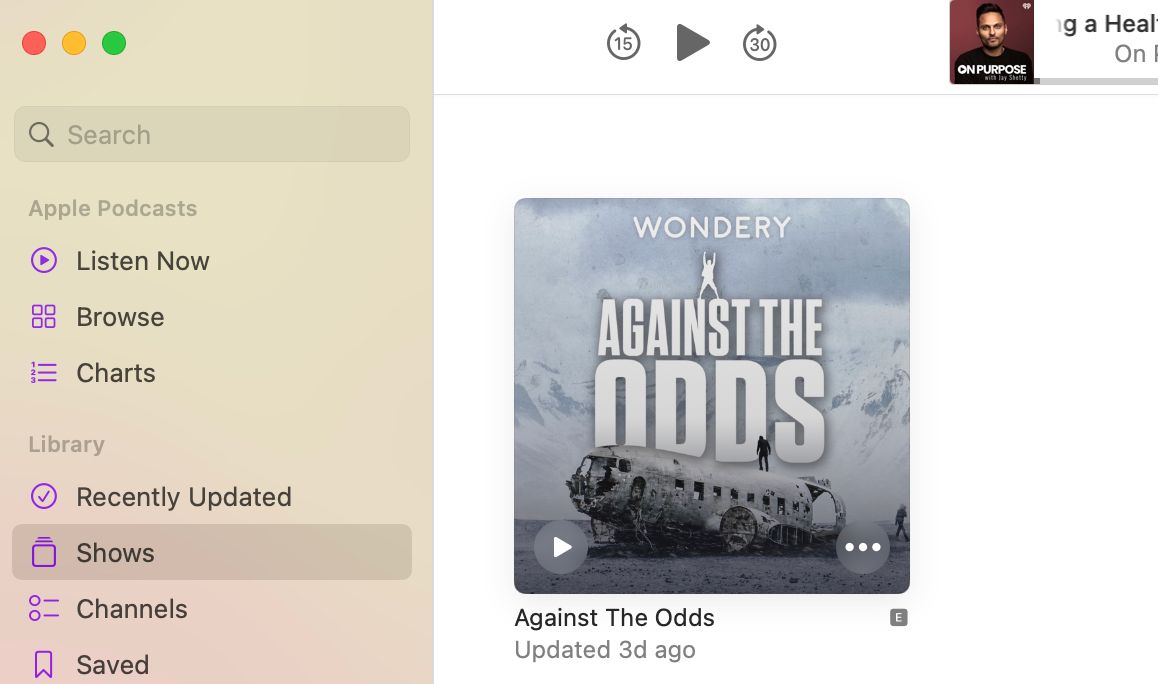 Shows screen in Apple Podcasts app for Mac