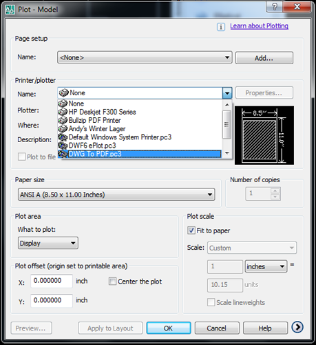 Диалог печати AutoCAD с выбором DWG to PDF.pc3