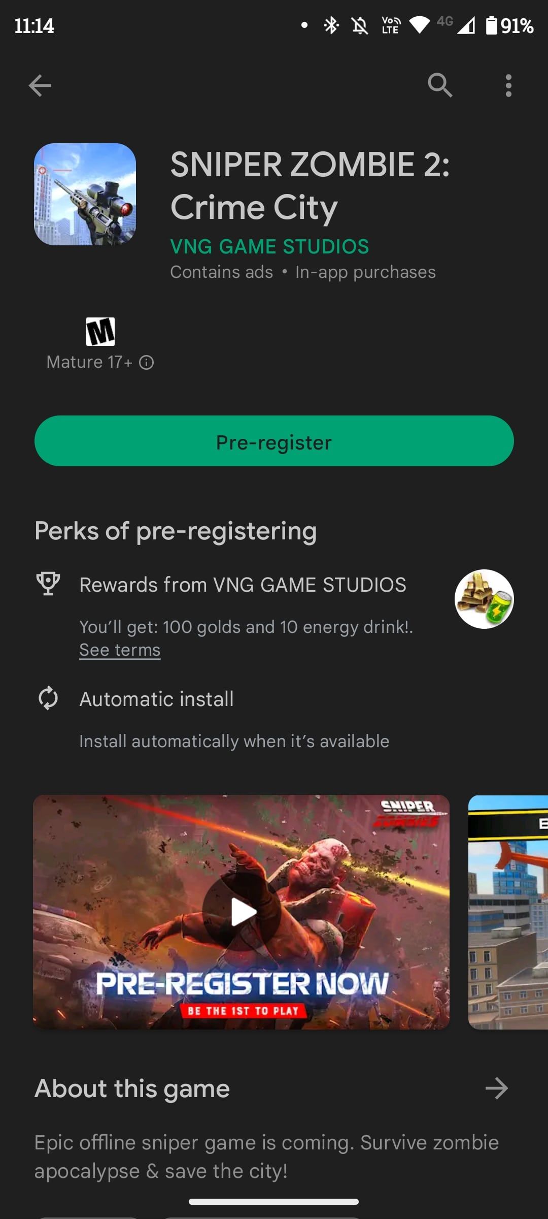 Страница Sniper Zombie 2 с бонусами предрегистрации