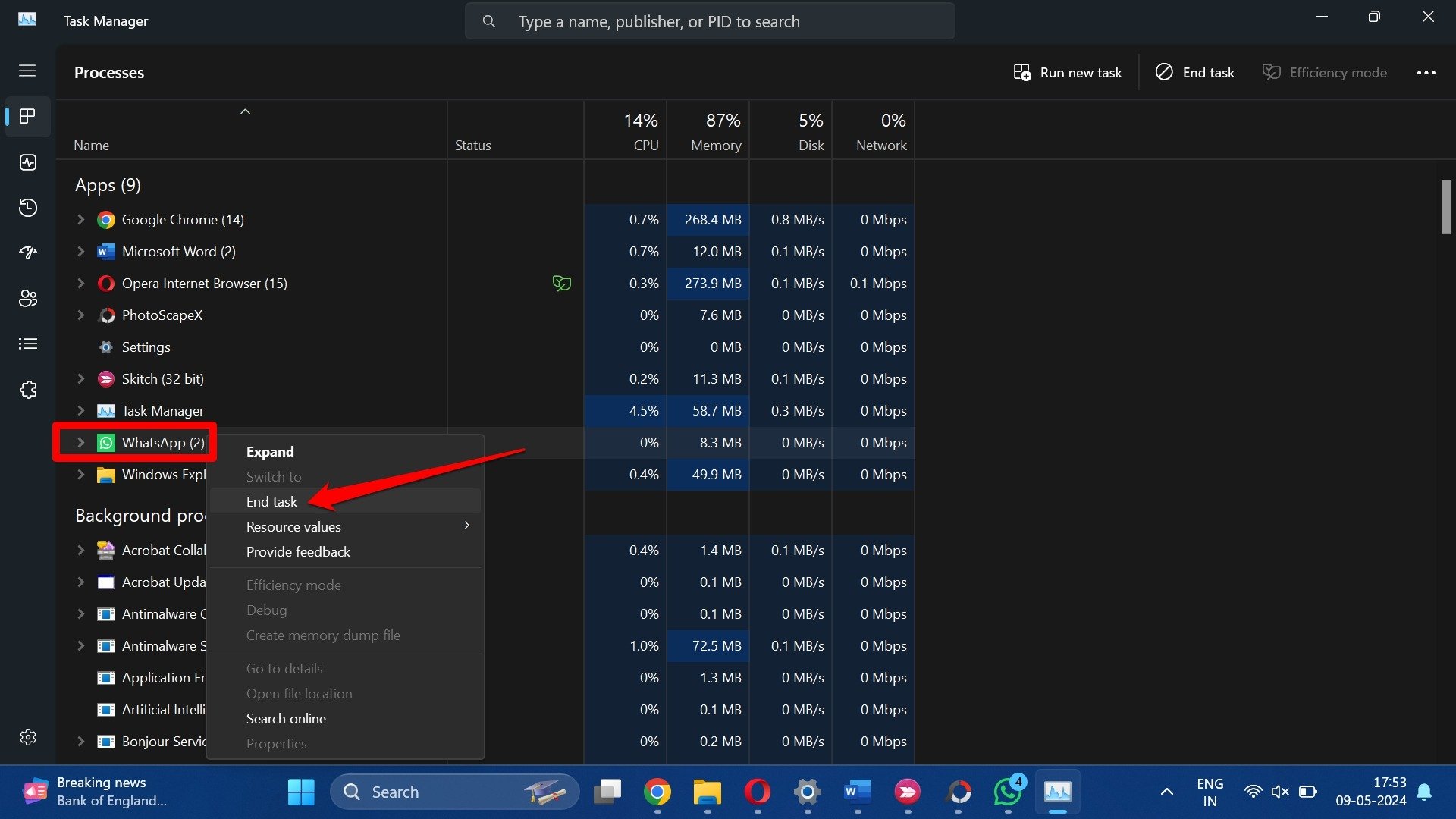 force close WhatsApp for desktop