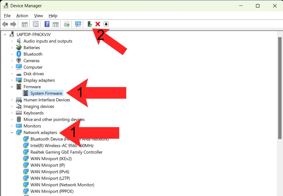 Красные стрелки указывают, где найти обновление драйверов в Диспетчере устройств