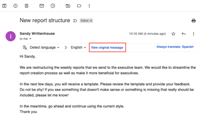 Ссылка «Просмотреть исходное сообщение» в Gmail