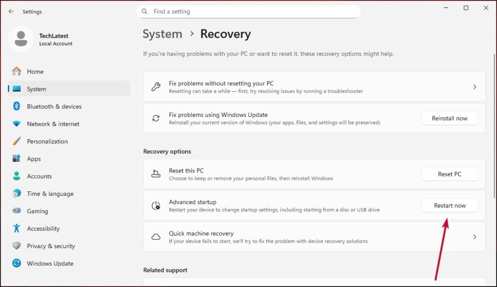 Опция «Дополнительный запуск» в Windows 11