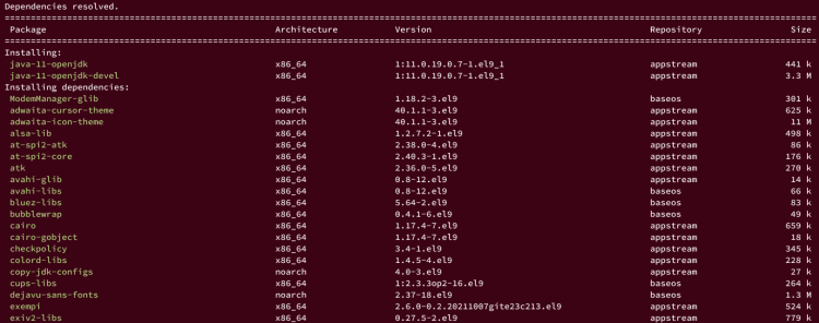 Установка OpenJDK 11 — вывод dnf и прогресс