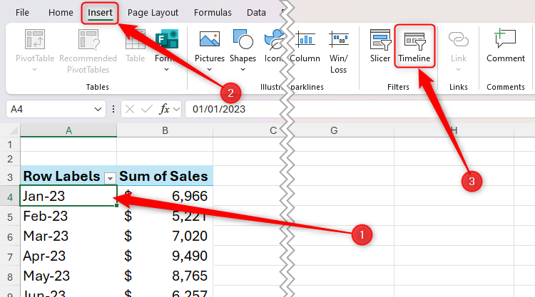Выделена ячейка в сводной таблице, подсвечена кнопка Timeline на вкладке Вставка.