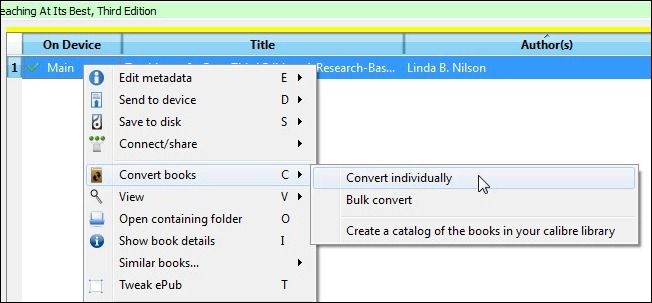 скриншот интерфейса Calibre с меню конвертации