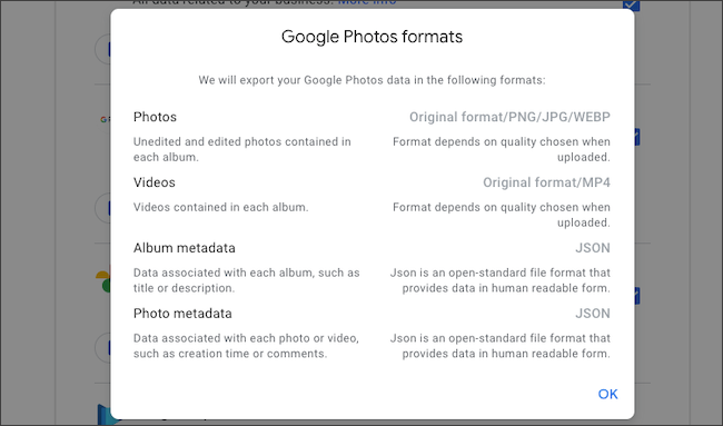 Информация о форматах файлов при экспорте данных Google Photos