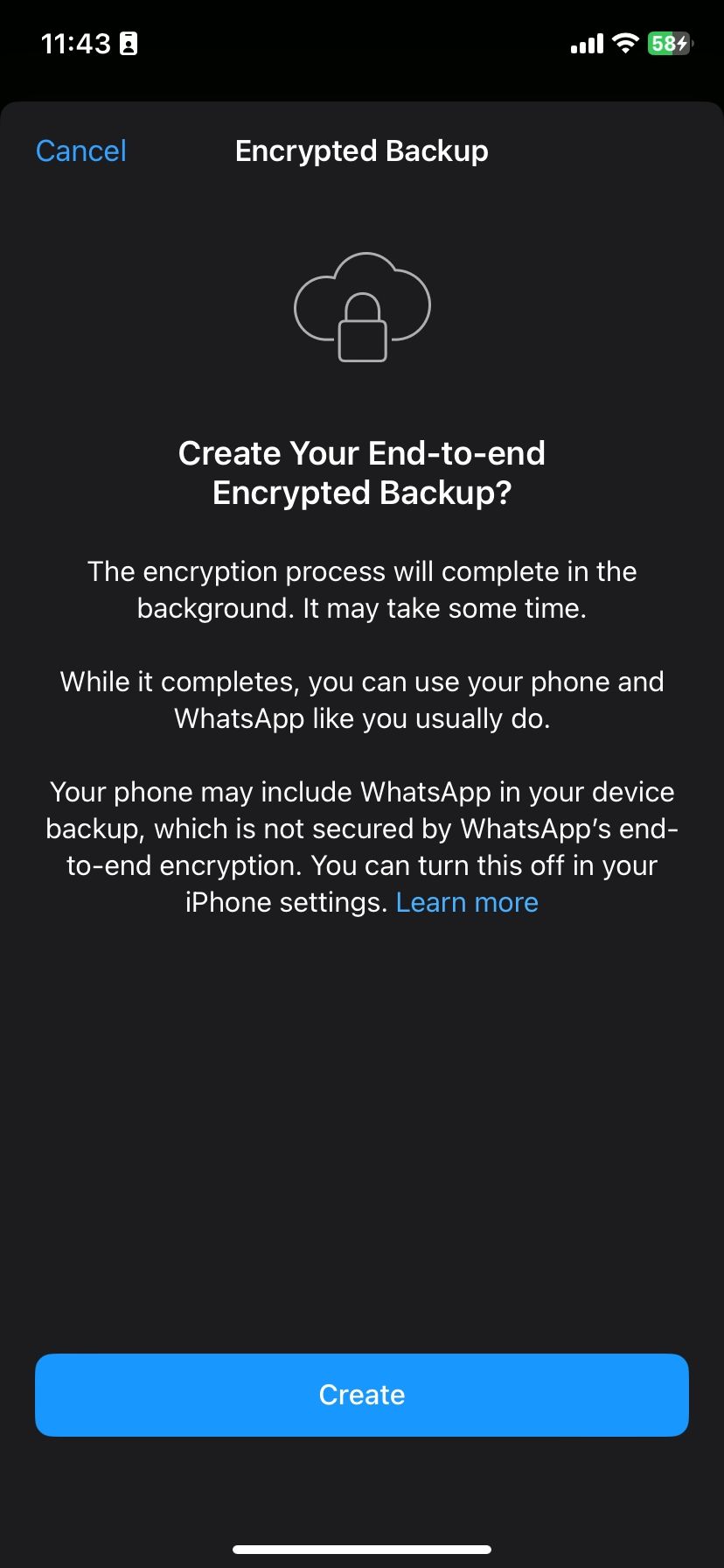 Создание зашифрованной резервной копии WhatsApp