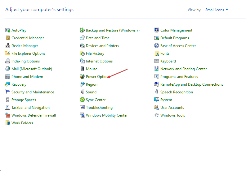 Панель управления — параметры питания