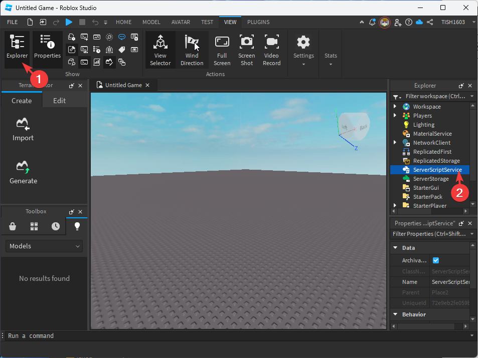 Панель Explorer в Roblox Studio