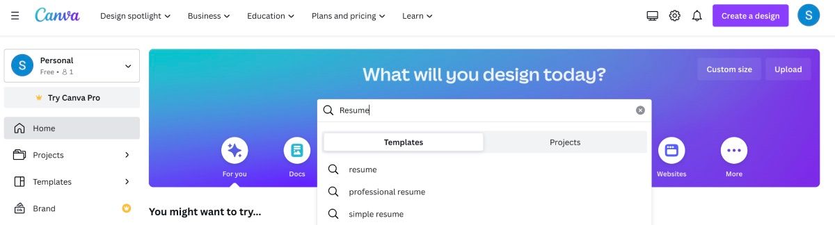 Canva search for resume templates