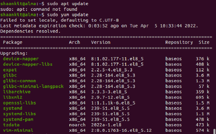 Окно терминала с выполнением apt и yum