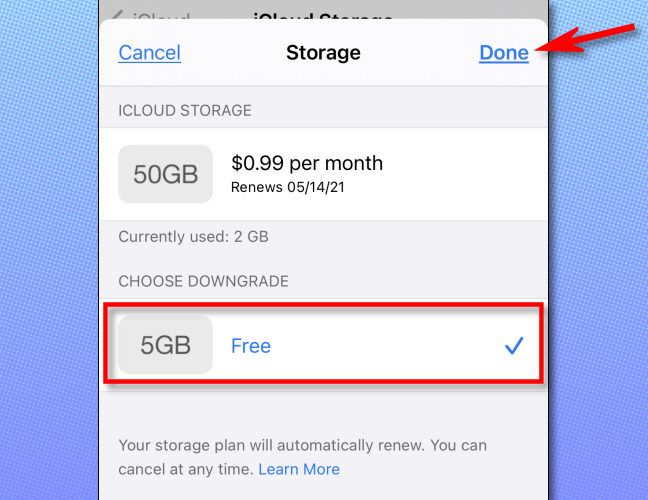 Выбор бесплатного варианта понижения уровня, затем «Готово»
