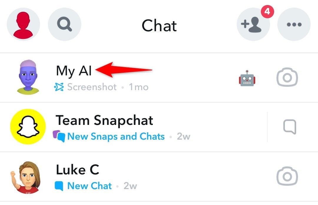  'My AI' highlighted on the 'Chat' page in Snapchat.