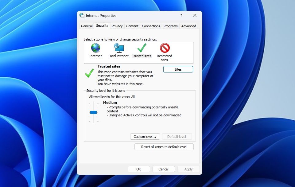 Опция доверенных узлов в окне параметров Интернета