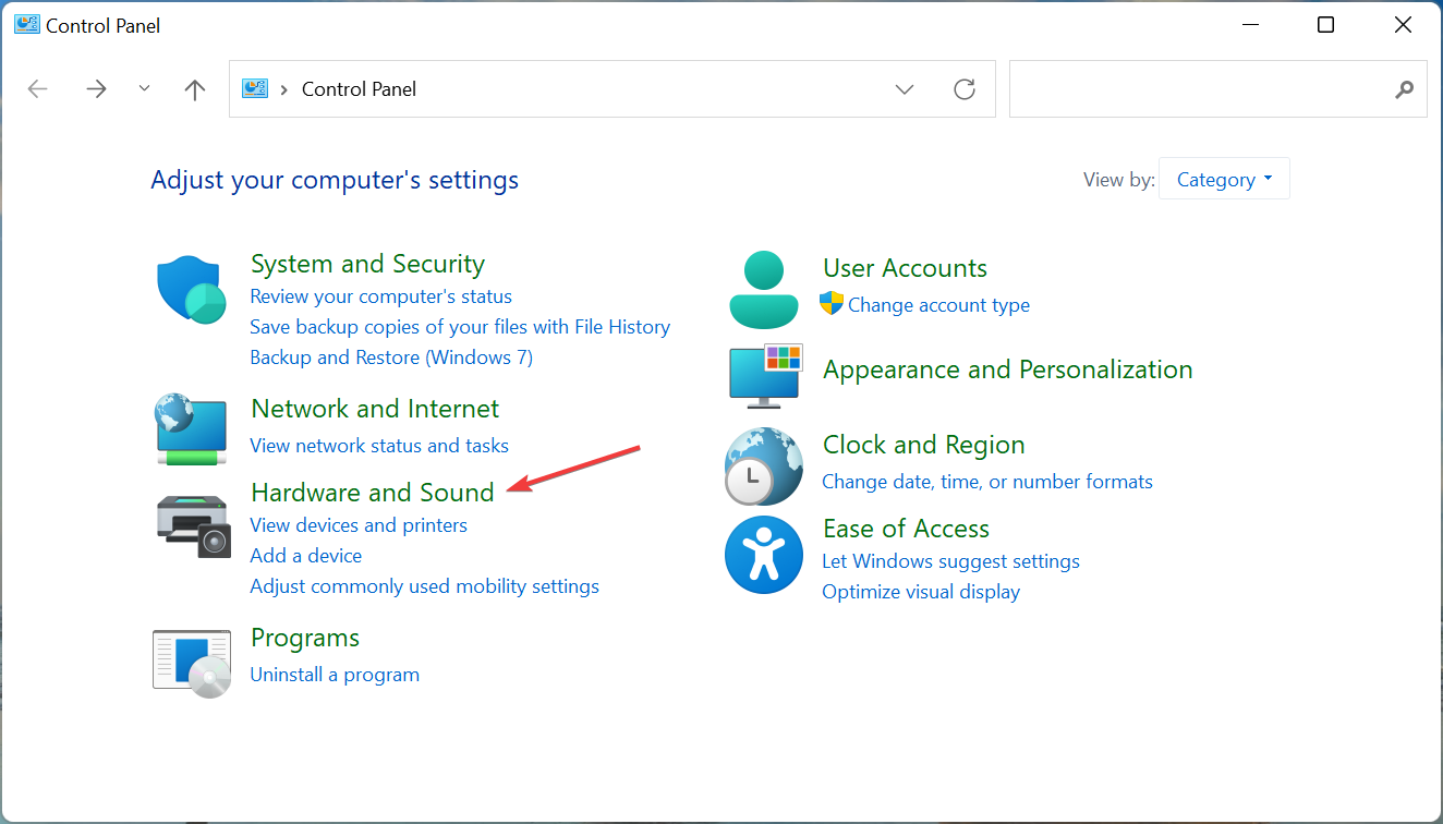 Раздел 'Оборудование и звук' в Панели управления