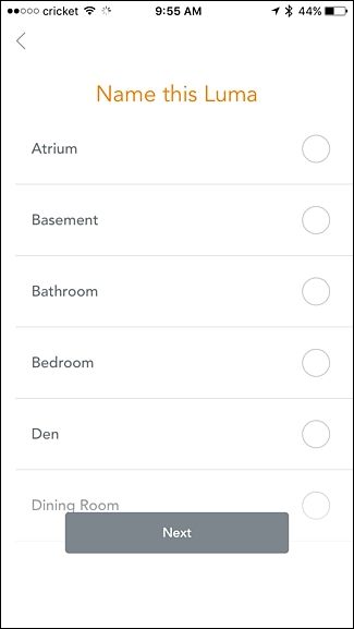 Экран выбора расположения устройства в приложении Luma
